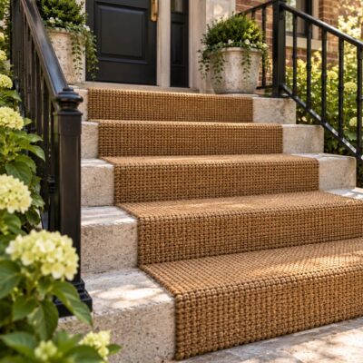 Tapis fibre naturelle 36 pouces posé dans un escalier extérieur