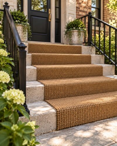 Tapis fibre naturelle 36 pouces posé dans un escalier extérieur