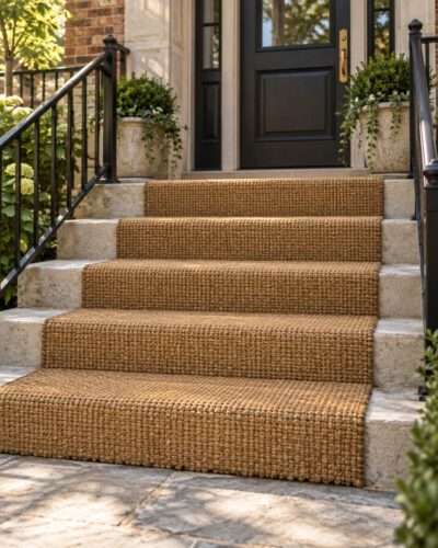 Escalier d’entrée recouvert de tapis fibre naturelle 36 pouces