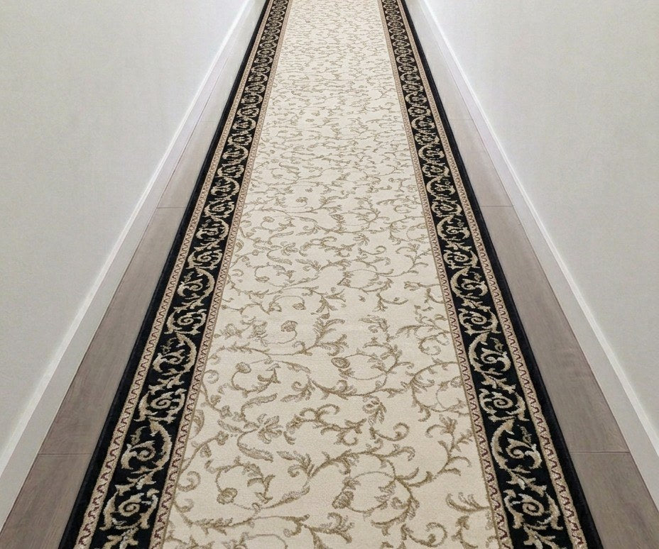 Tapis de passage Elegance crème et noir 27 po – coupé sur mesure