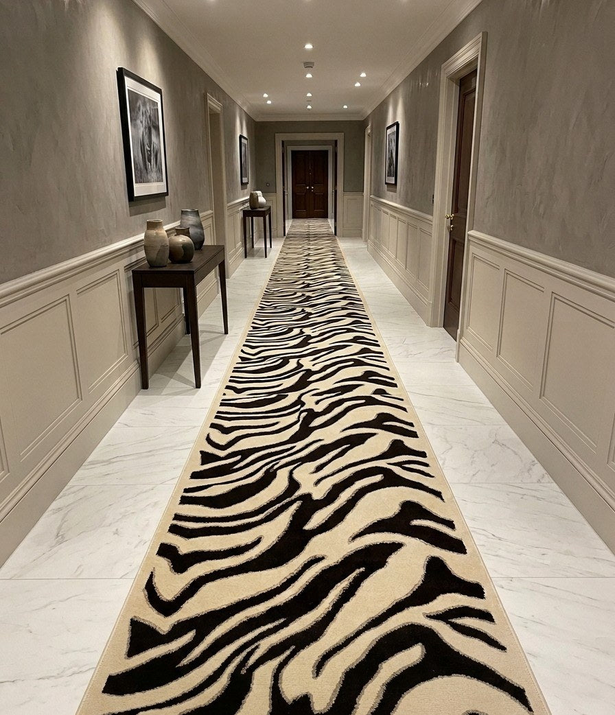 Tapis de passage Saphire zèbre noir et crème 27 po – coupé sur mesure